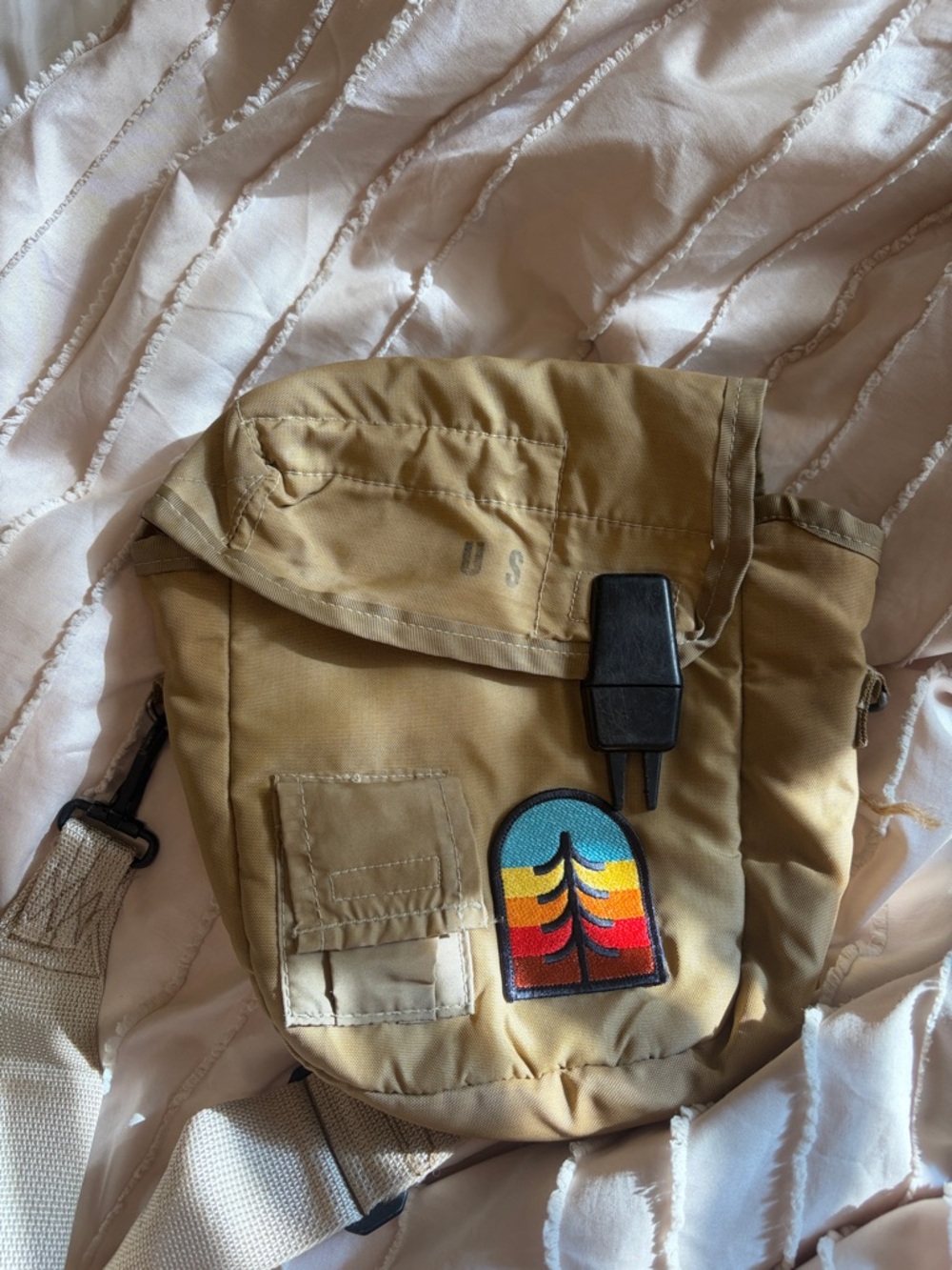 Vintage Canvas Crossbody Bag with Colorful Patch